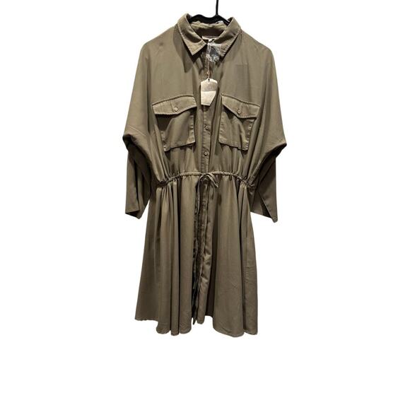 Easel Shirt Dress with drawstring waist oversized safari, Large, Olive - Picture 1 of 3